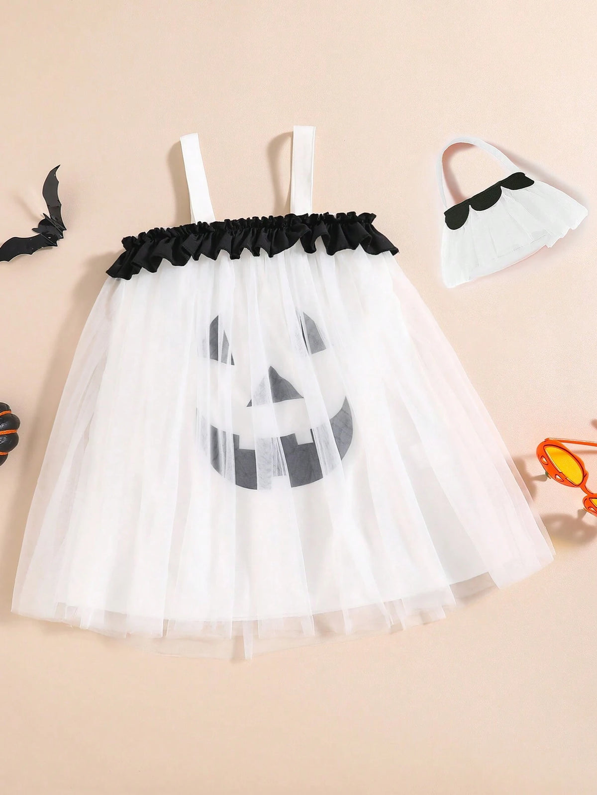 Young Girl' Pumpkin Colorblock Mesh Summer Dress, Halloween Party Casual Outfit