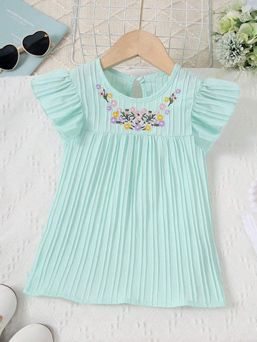 Young Girl Pure Color Shirt With Round Neck, Double-Sided Pleats And Flower Embroidery On Flying Sleeves In Countryside Style For Summer