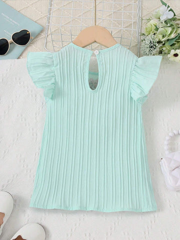 Young Girl Pure Color Shirt With Round Neck, Double-Sided Pleats And Flower Embroidery On Flying Sleeves In Countryside Style For Summer