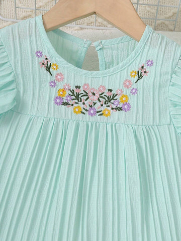 Young Girl Pure Color Shirt With Round Neck, Double-Sided Pleats And Flower Embroidery On Flying Sleeves In Countryside Style For Summer