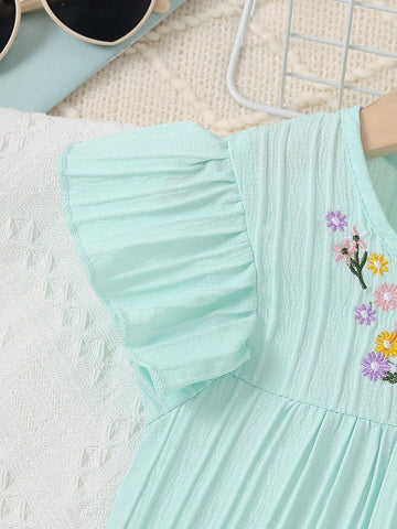 Young Girl Pure Color Shirt With Round Neck, Double-Sided Pleats And Flower Embroidery On Flying Sleeves In Countryside Style For Summer