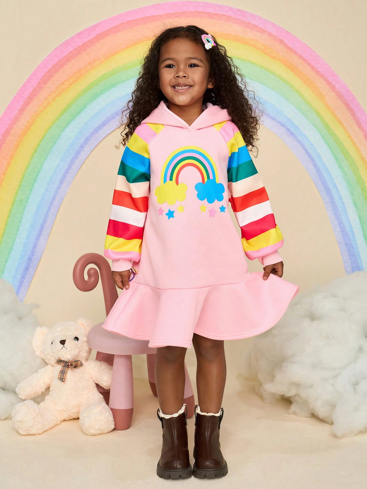 Young Girl Rainbow Knitted Hooded Loose Cute Casual Dress
