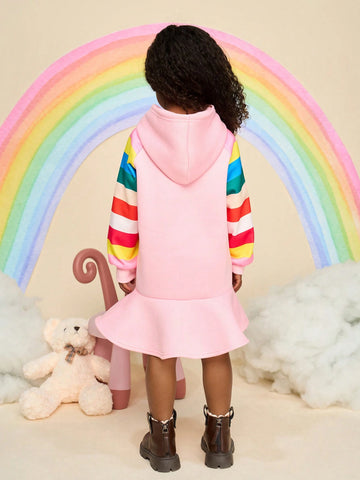 Young Girl Rainbow Knitted Hooded Loose Cute Casual Dress