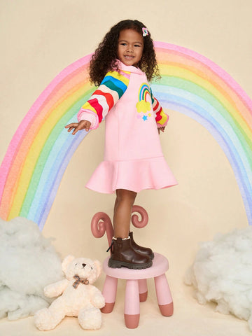 Young Girl Rainbow Knitted Hooded Loose Cute Casual Dress