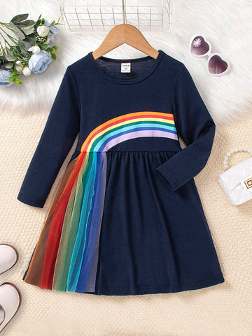 Young Girl Rainbow Striped Print Mesh Trim Dress