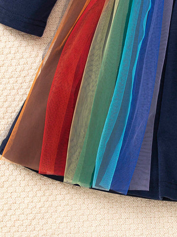 Young Girl Rainbow Striped Print Mesh Trim Dress