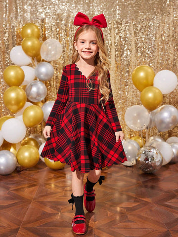 Young Girl Red-Black Plaid Pattern Long Sleeve Arc Hem Dress, Suitable For Autumn/Winter, Christmas, Casual & Outdoor Occasions