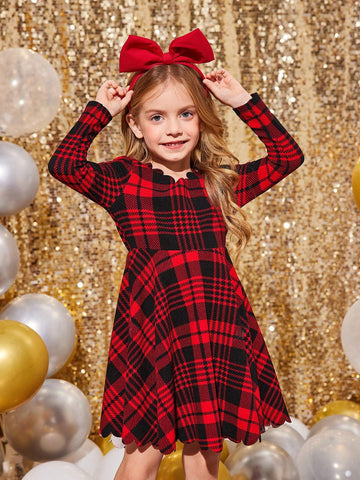 Young Girl Red-Black Plaid Pattern Long Sleeve Arc Hem Dress, Suitable For Autumn/Winter, Christmas, Casual & Outdoor Occasions