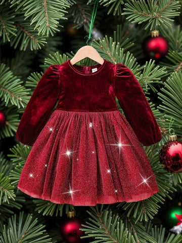 Young Girl Red Velvet Round Neck Splice Woven Glitter Mesh Fit Elegant Dress,Christmas Dress
