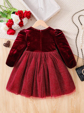 Young Girl Red Velvet Round Neck Splice Woven Glitter Mesh Fit Elegant Dress,Christmas Dress