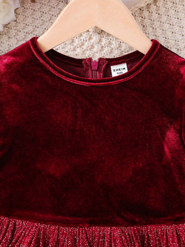 Young Girl Red Velvet Round Neck Splice Woven Glitter Mesh Fit Elegant Dress,Christmas Dress