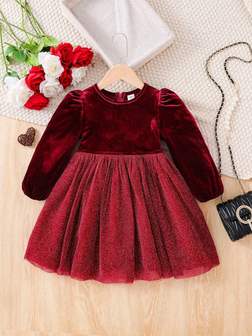 Young Girl Red Velvet Round Neck Splice Woven Glitter Mesh Fit Elegant Dress,Christmas Dress