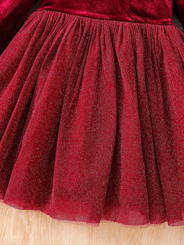 Young Girl Red Velvet Round Neck Splice Woven Glitter Mesh Fit Elegant Dress,Christmas Dress