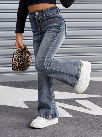 Young Girl Retro Blue Denim Flare Pants