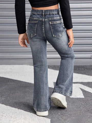Young Girl Retro Blue Denim Flare Pants