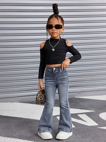 Young Girl Retro Blue Denim Flare Pants
