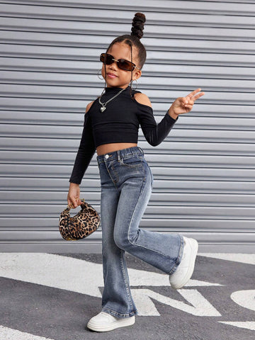 Young Girl Retro Blue Denim Flare Pants