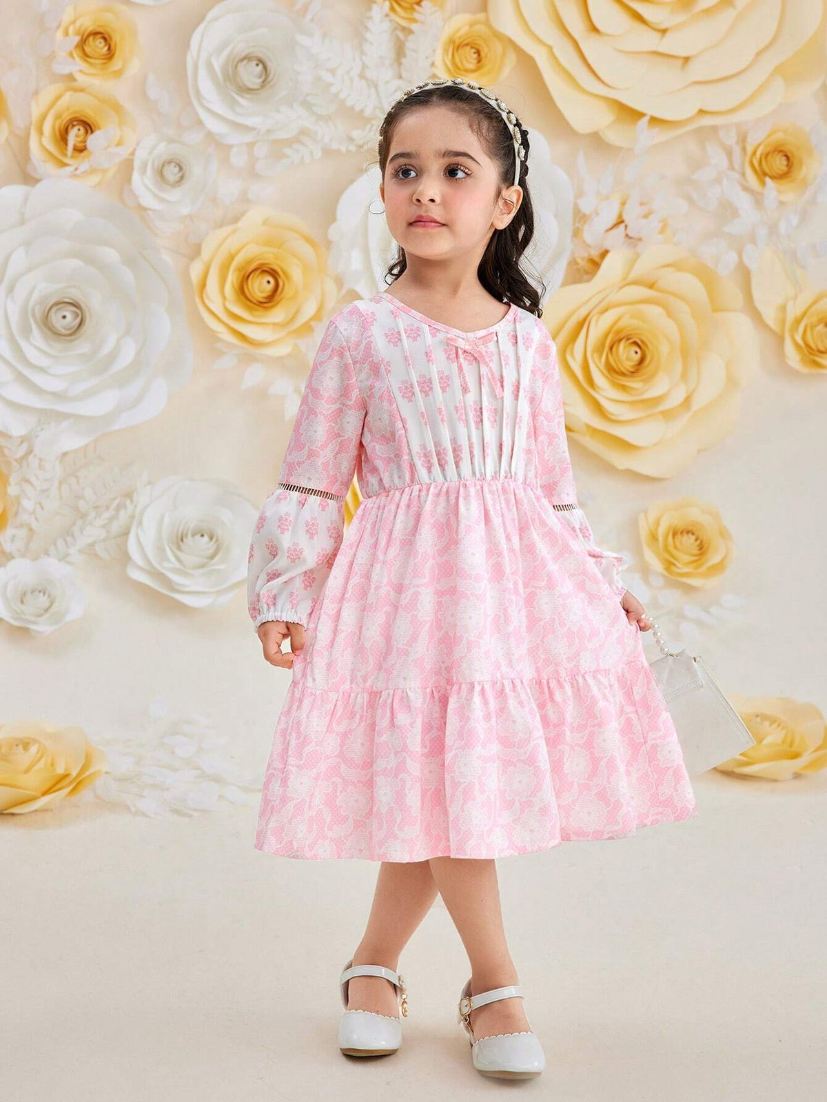 Young Girl Retro V-Neck High Waist Lace & Floral Printed Midi Dress For Summer