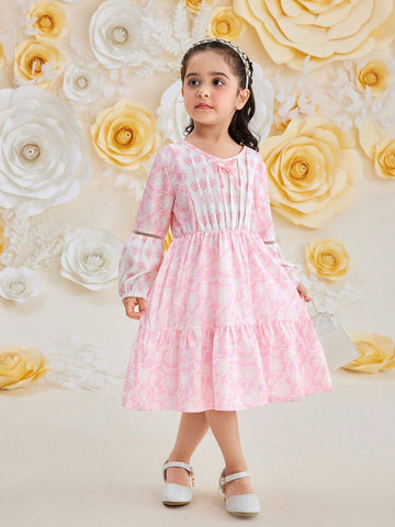 Young Girl Retro V-Neck High Waist Lace & Floral Printed Midi Dress For Summer