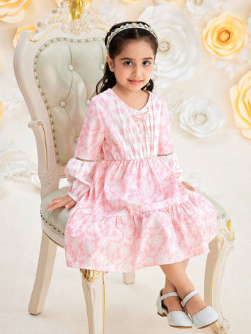 Young Girl Retro V-Neck High Waist Lace & Floral Printed Midi Dress For Summer