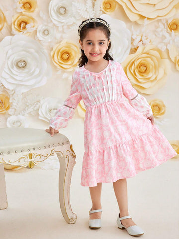 Young Girl Retro V-Neck High Waist Lace & Floral Printed Midi Dress For Summer