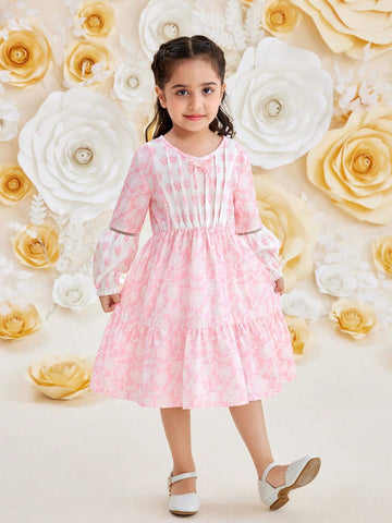 Young Girl Retro V-Neck High Waist Lace & Floral Printed Midi Dress For Summer