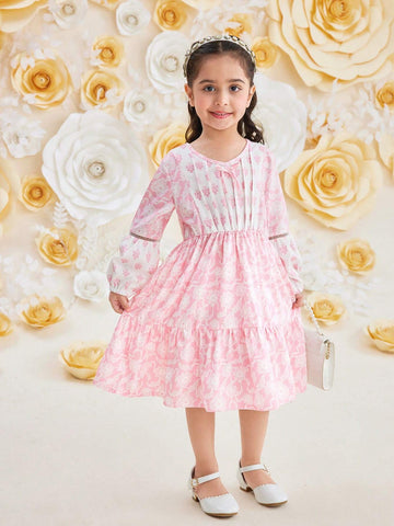 Young Girl Retro V-Neck High Waist Lace & Floral Printed Midi Dress For Summer