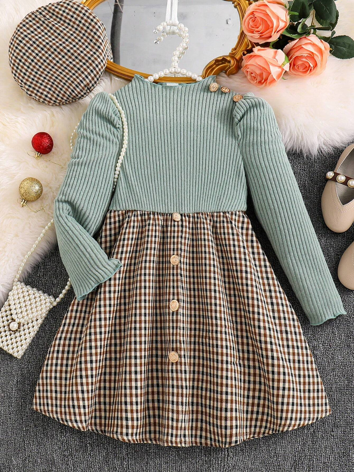 Young Girl Ribbed Long Sleeve Knit Top With Plaid Woven Hem Dress + Hat, Elegant Casual For Autumn/Winter