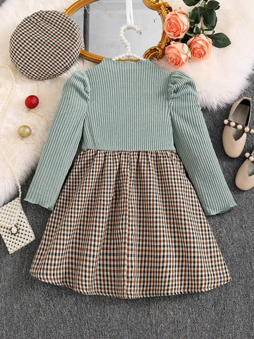 Young Girl Ribbed Long Sleeve Knit Top With Plaid Woven Hem Dress + Hat, Elegant Casual For Autumn/Winter
