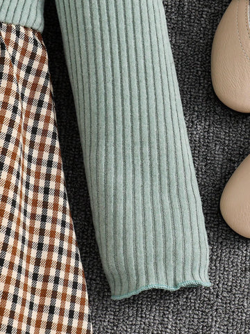 Young Girl Ribbed Long Sleeve Knit Top With Plaid Woven Hem Dress + Hat, Elegant Casual For Autumn/Winter