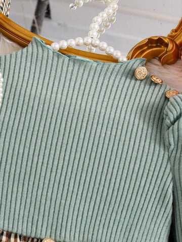 Young Girl Ribbed Long Sleeve Knit Top With Plaid Woven Hem Dress + Hat, Elegant Casual For Autumn/Winter