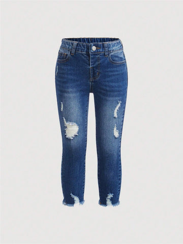 Young Girl Ripped Pocket Casual Denim Jeans