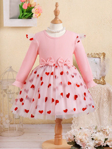 Young Girl Romantic & Elegant Love Heart Mesh Round Neck Long Sleeve Dress For Spring And Autumn Holidays