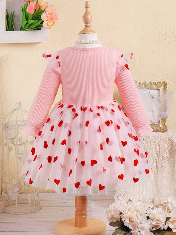 Young Girl Romantic & Elegant Love Heart Mesh Round Neck Long Sleeve Dress For Spring And Autumn Holidays