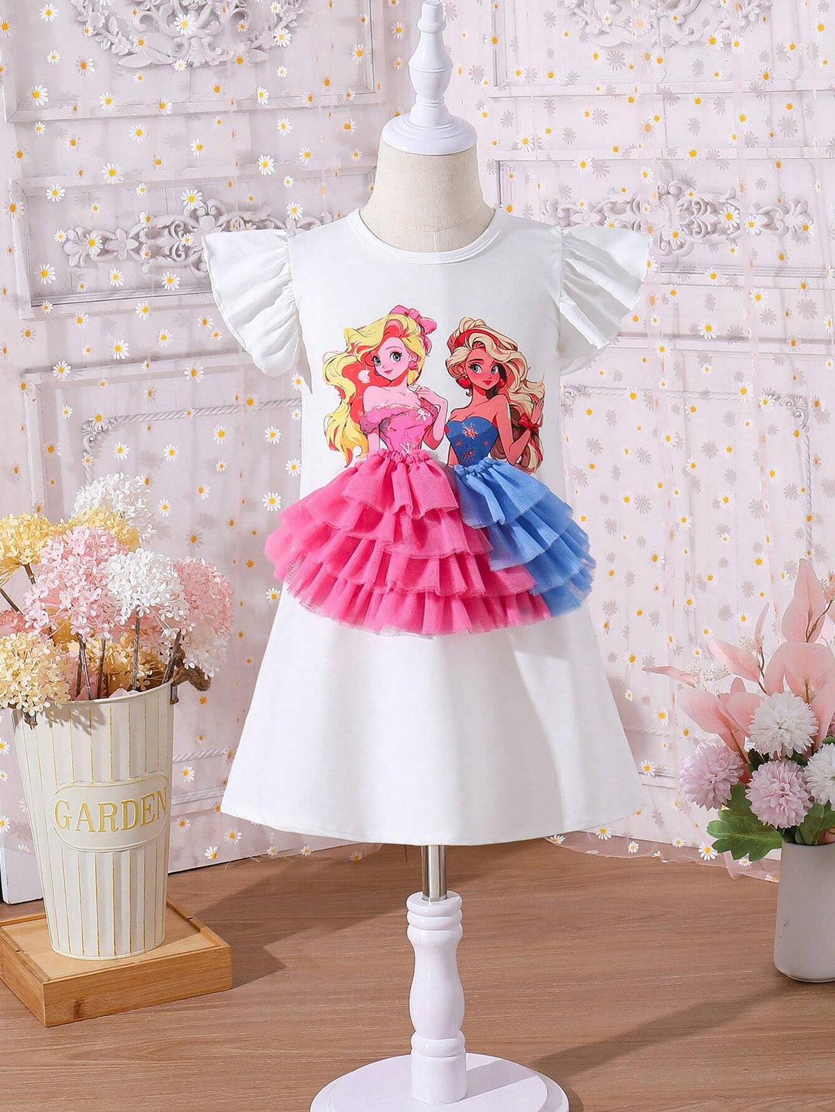 Young Girl Romantic & Gorgeous Character Printed Mesh Patchwork A-Line Dress With Colour Collision For Spring & Summer