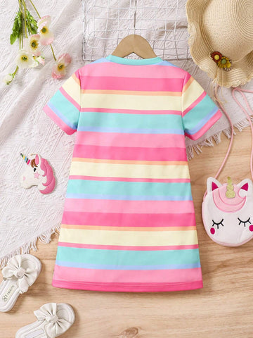 Young Girl Round Neck Cartoon Print Contrast Color Short Sleeve Casual Dress