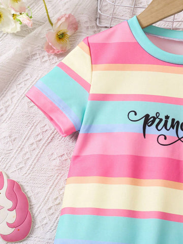 Young Girl Round Neck Cartoon Print Contrast Color Short Sleeve Casual Dress