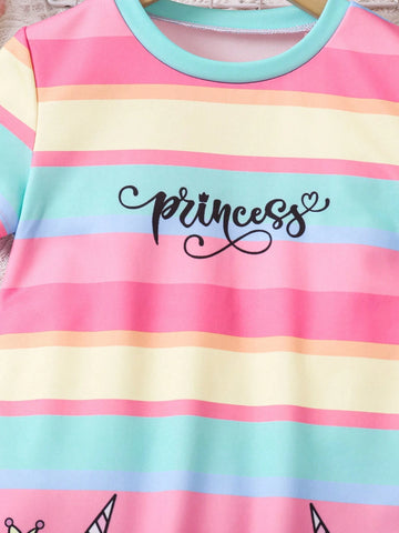 Young Girl Round Neck Cartoon Print Contrast Color Short Sleeve Casual Dress
