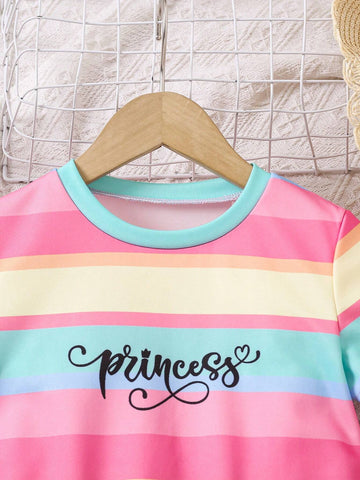 Young Girl Round Neck Cartoon Print Contrast Color Short Sleeve Casual Dress