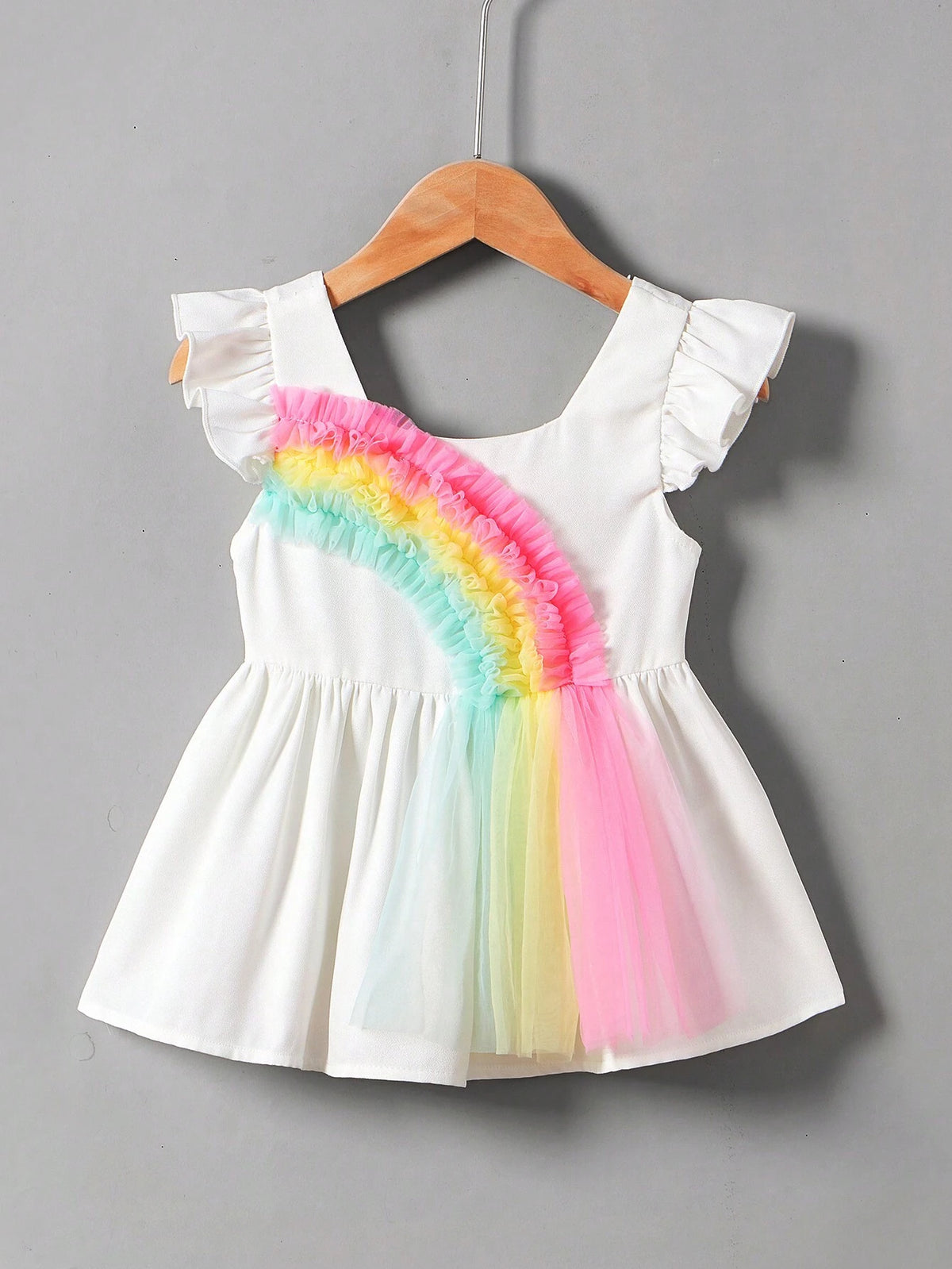 Young Girl Round Neck Fly Sleeved Blouse With Colorful Mesh Decorated Front Panel
