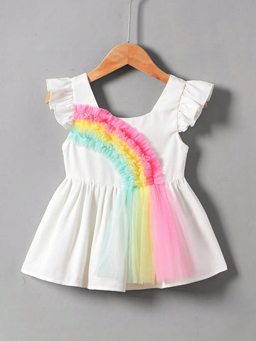Young Girl Round Neck Fly Sleeved Blouse With Colorful Mesh Decorated Front Panel