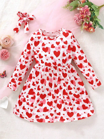 Young Girl Round Neck Long Sleeve A-Line Dress With Heart Print And Hairband, Spring And Autumn