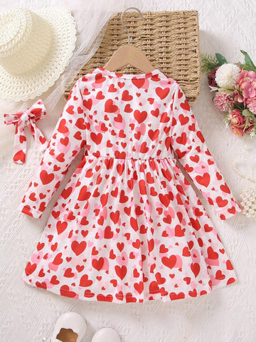Young Girl Round Neck Long Sleeve A-Line Dress With Heart Print And Hairband, Spring And Autumn