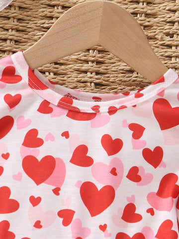 Young Girl Round Neck Long Sleeve A-Line Dress With Heart Print And Hairband, Spring And Autumn