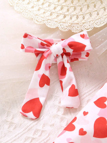 Young Girl Round Neck Long Sleeve A-Line Dress With Heart Print And Hairband, Spring And Autumn