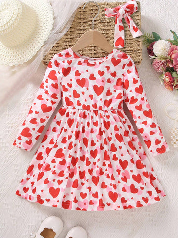 Young Girl Round Neck Long Sleeve A-Line Dress With Heart Print And Hairband, Spring And Autumn