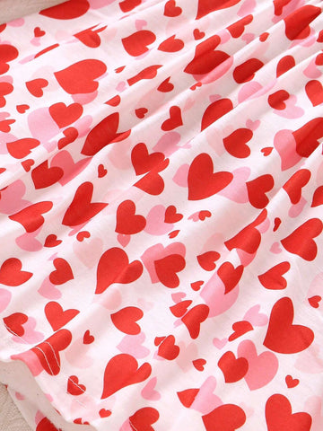 Young Girl Round Neck Long Sleeve A-Line Dress With Heart Print And Hairband, Spring And Autumn