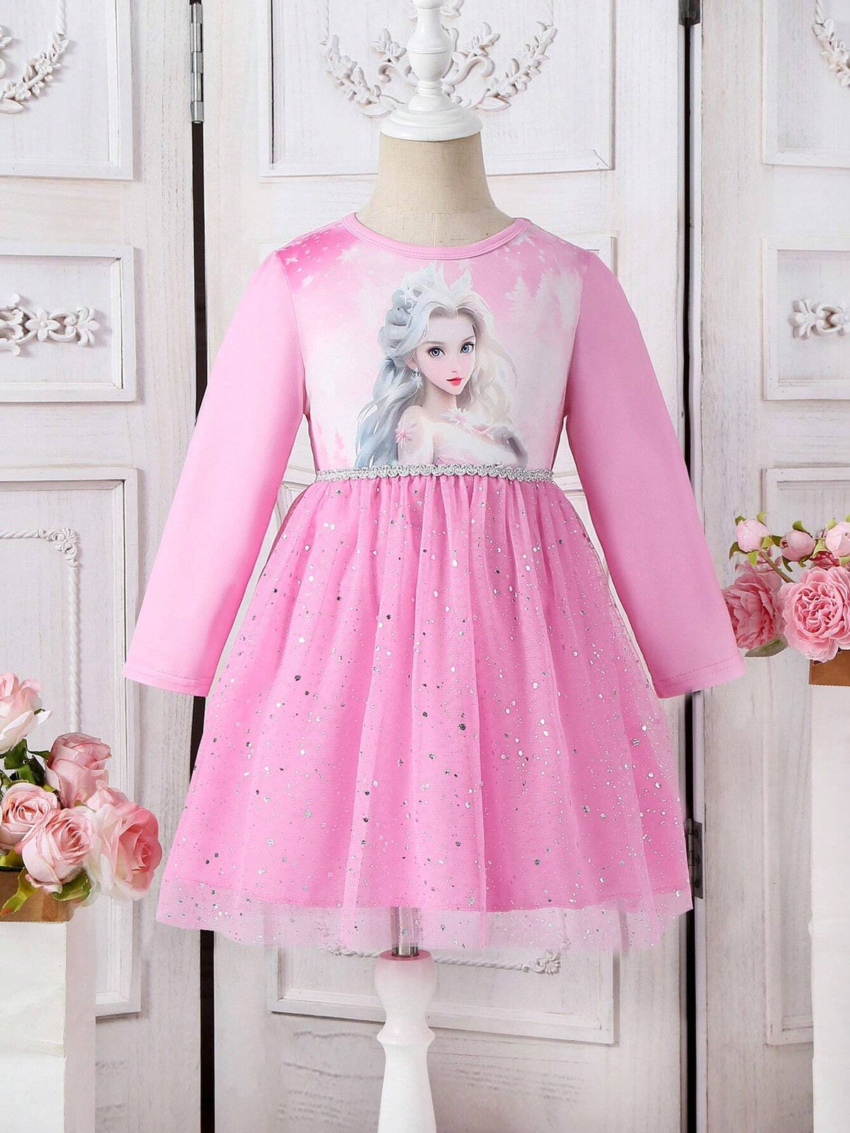 Young Girl Round Neck Long Sleeve Ice Princess Cute Dress