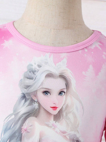 Young Girl Round Neck Long Sleeve Ice Princess Cute Dress