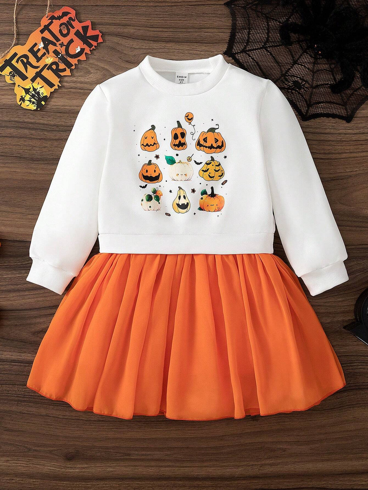 Young Girl Round Neck Long Sleeve Pumpkin Print Solid Color Patchwork Dress